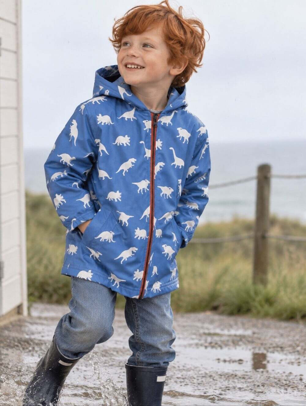 Hatley Kids Blue Dinosaur Rain Jacket Hooded Size 5 Boys Waterproof Coat